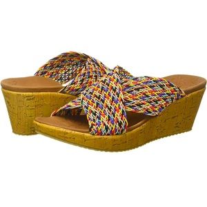 Skechers Women's Slide Wedge Sandal Criss Cross colorful designer Luxe Foam